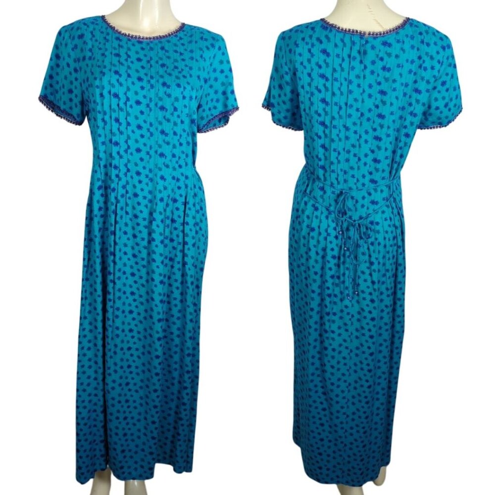 Vintage Sarah Elizabeth Floral Maxi blue Dress W/ Lace beaded Trim Waist Tie 8